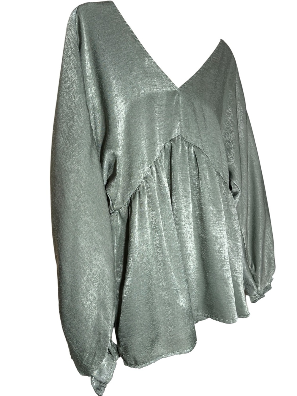 SAVANNA JANE | Womens Sage V-Neck Peplum Babydoll Blouse S Boho Shimmer Tie Back - Picture 4 of 11